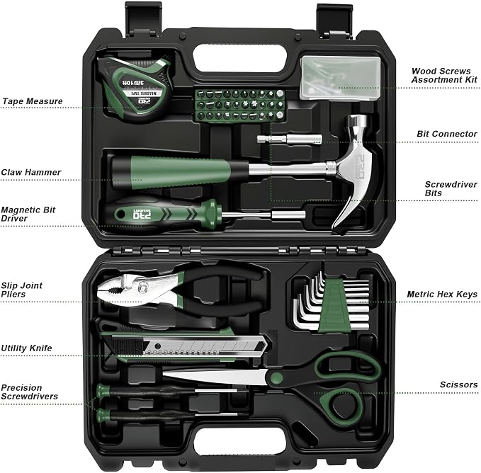Prostormer 93-Piece Tool Kit, Basic Household Repair Tool Set with Toolbox Storage Case, Small Starter Tool Box Kit for Homeowners and College Students (Green)