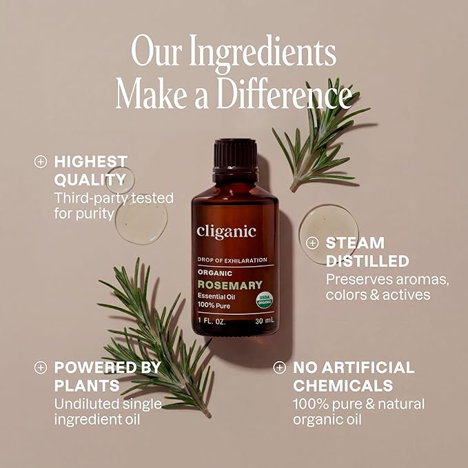 Cliganic Organic Rosemary Essential Oil, 1oz - 100% Pure Natural Undiluted, for Aromatherapy | Non-GMO Verified