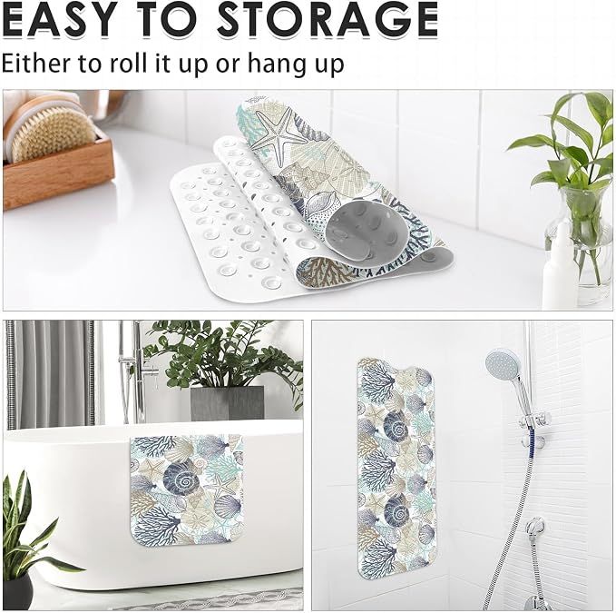 Cute Seashells Sea Shell Bath Mat Non Slip, Ocean Starfish Beach 40X16 Inch Extra Long Bathtub Shower Mat for Tub Anti Slip with Suction Cups and Drain Holes for Kid Adult Elderly