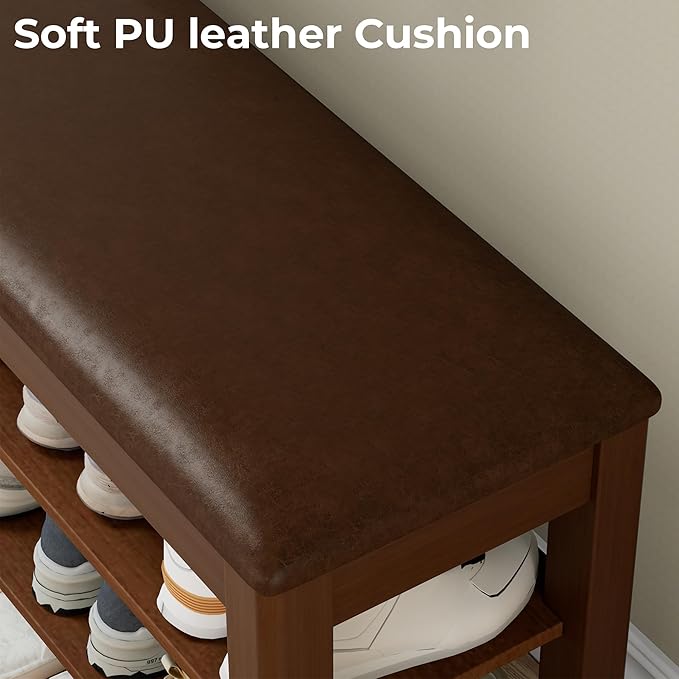 Homleke Shoe Rack Bench with Flip-Top Storage, Solid Wood Entryway Bench with Cushion, Adjustable Shelf, for Hallway, Mudroom, Closet – Walnut, 31.5"