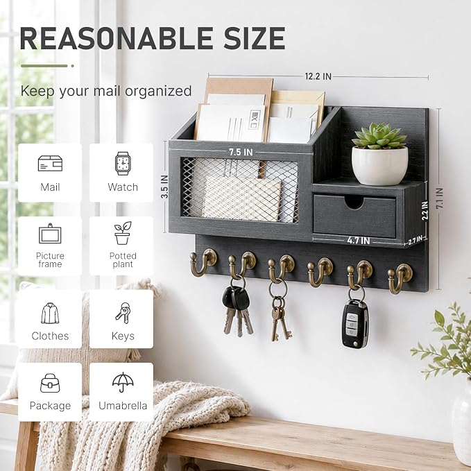 FifthQuarter Key and Mail Holder for Wall, Mail Organizer Wall Mount with 6 Hooks and Storage Drawer, Easy Installation Key Rack for Entryway and Home Decor (B-Black)
