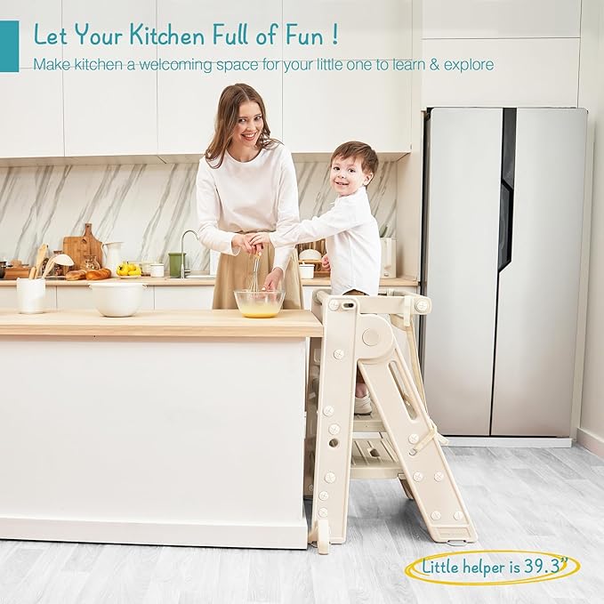 Forbena Collapsible Montessori Learning Standing Tower for Toddlers, Foldable Toddler Kitchen Stool Helper, Adjustable Plastic Kids Children Stepping Stool for Counter Bathroom Sink (Apricot)