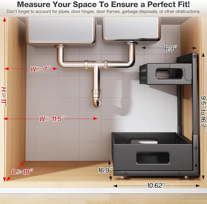 2 Pack 17IN-Depth Under Sink Organizer,Pull Out Cabinet Organizer With Smooth Cylindrical Rail,Metal Slide Out Drawer for Kitchen Bathroom Laundry,8-Level Tool Free Height Adjustable-Gun Gray