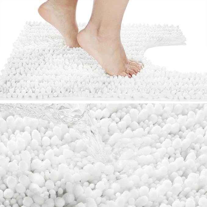 Yimobra Toilet Rug U Shaped Washable 24x24 Inch - Ultra Soft Absorbent Chenille Bath Rugs for Toilet, Quick Dry & Machine Washable, Non Slip Contour Bathroom Mat, White