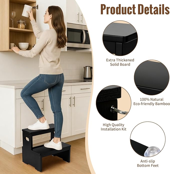 Two Step Stool for Adults and Kids, 450lbs Heavy Duty Step Stool, Bamboo Step Stool for High Beds, Portable Helper Step Stairs for Kids, for Kitchen, Bathroom, RV, Bedside Step Stool, Black