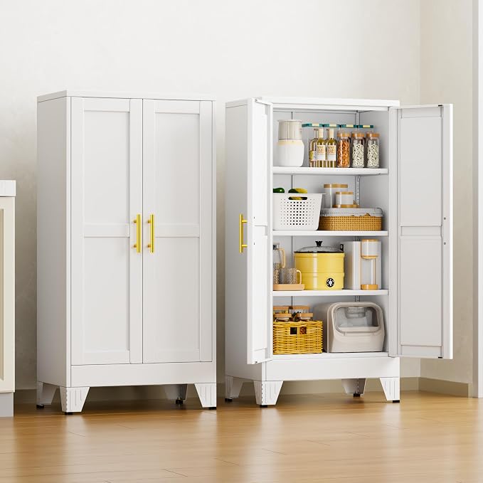 47" White Metal Garage Storage Cabinet with 2 Doors and 3 Adjustable Shelves,Kitchen Pantry Cabinet,File Cabinet,Steel Tool Cabinet for Home,Office,Garage,School,Warehouse