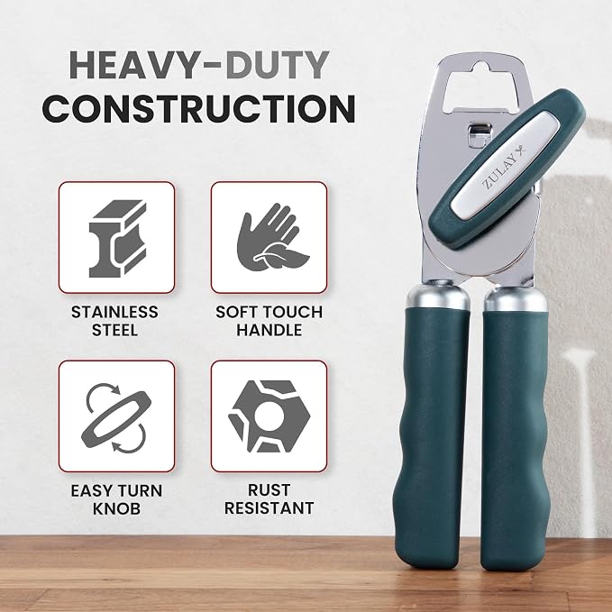 Zulay Kitchen Heavy Duty Stainless Steel Can Opener Manual with Bottle Opener - Rust Proof Manual Can Opener With Turn Knob & Comfy Soft Grip Handles - Green