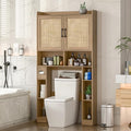 Over The Toilet Storage Cabinet, Farmhouse Toilet Cabinet Rack with Barn Doors, Space Saving Bathroom Organizer with Shelves,Toilet Paper Holder and Towel Rack for Bathroom,Restroom,Laundry,Rattan Oak