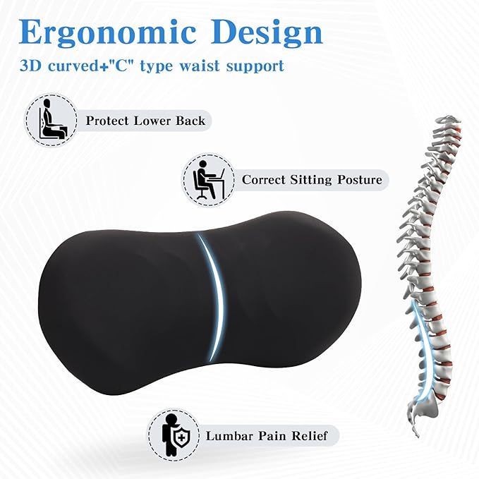 Lumbar Support Pillow for Office Chair and Car - Ergonomic Memory Foam Back Support Cushion for Automotive Seat, Desk Chair, and Recliner (Black)
