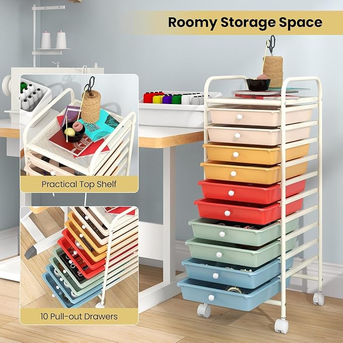 10-Drawer Rolling Storage Cart, Trolley w/Lockable 360° Wheels, 10 Removable PP Drawers, Sturdy Metal Frame, Rolling Utility Cart Perfect for Home, Office, Classroom (Macaron)