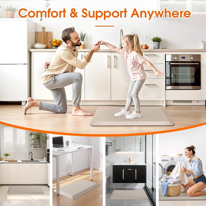 4/5 Inch Thicker Kitchen Mat, Cushioned Thick Floor Comfort Mat, with Non-Slip Bottom, Water & Stain Resistant, Easy Clean Standing Desk Mat for Kitchen, Sink, Office (17.3"x28"x0.8", Khaki)