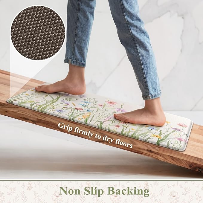 KIMODE Anti Fatigue Kitchen Mat for Floor, Farmhouse Floral Kitchen Rugs Sets of 2, Kitchen Floor Mats Non-Slip, Cushioned Standing Mat for Sink, Laundry, Desk, Home White 17"x47"+17"x29"