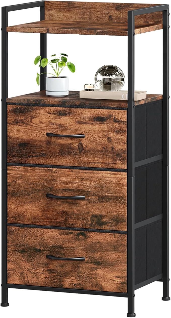 Somdot Nightstand with 3 Drawers, Dresser with Fabric Bins for Bedroom, Hallway, Entryway, Night Stand Bedside Table Furniture, Sturdy Steel Frame, Wooden Top, Easy Pull Fabric Bins, Wood Grain Print