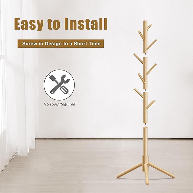 Coat Rack, Coat Racks Freestanding with 8 Hooks 3 Adjustable Heights for Clothes, Hats, Handbags, Coat Tree Easy Assembly for Entryway, Bedroom, Hallway, Office(Nature 2PCS)