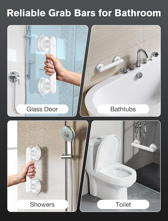 Grab Bars for Bathtubs and Showers, Shower Handles for the Elderly and People in Need, 2026 Upgraded Rubber Suction Cup with Maximum 350 lbs Suction Power, No Drilling-(White-2 Pack)