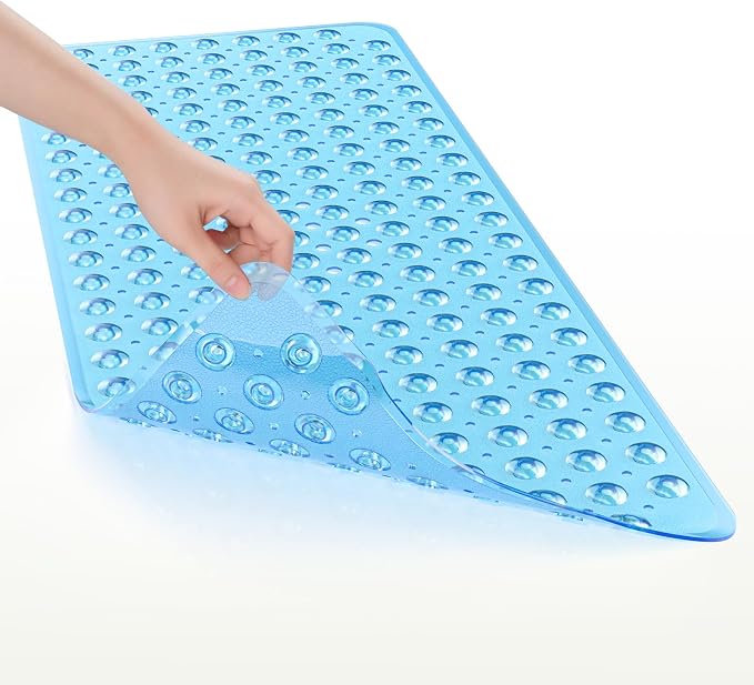 AmazerBath Shower Mat Non Slip 40 x 16 Inches, Bathtub Mat Shower Stall Mats with Suction Cups and Drain Holes, Non Slip Bath Mat for Tub for Elderly & Kids, Clear Blue