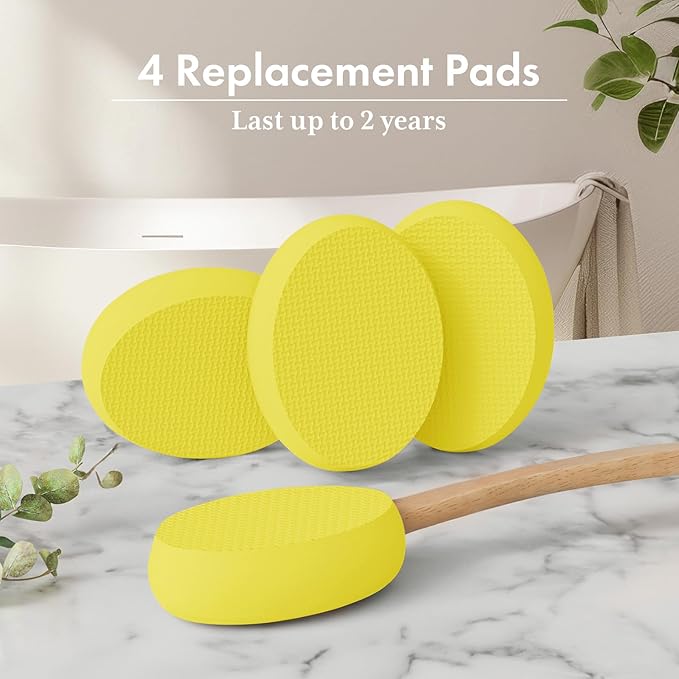 AmazerBath Lotion Applicator for Back, Feet, 4 Replacement Pads with 17" Curved Handle, Back Sunscreen Applicator for Kids, Elderly, Women, Apply Skin Cream Medicine Moisturizer Tanner, Lemon Yellow