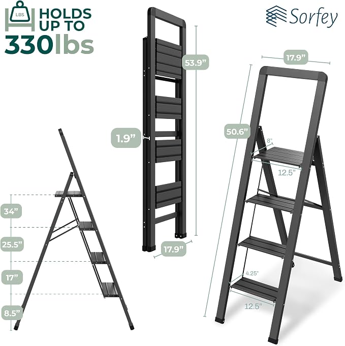 Step Ladder 4 Step Folding, Decorative - Modern Beautiful Black Aluminum,Lock Mechanism, Ultra Slim Profile, Anti Slip Steps, Sturdy-Portable for Home, Office, Kitchen, Photography Use,by SORFEY