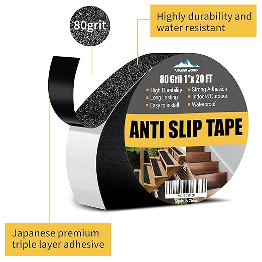 Grip Tape - Heavy Duty Anti Slip Tape 80 Grit Non Slip for Stairs Outdoor/Indoor, Waterproof High Traction Stairs Non Skid Treads, Durable Triple Layer Adhesive - Black (1 Inch x 20 Feet)