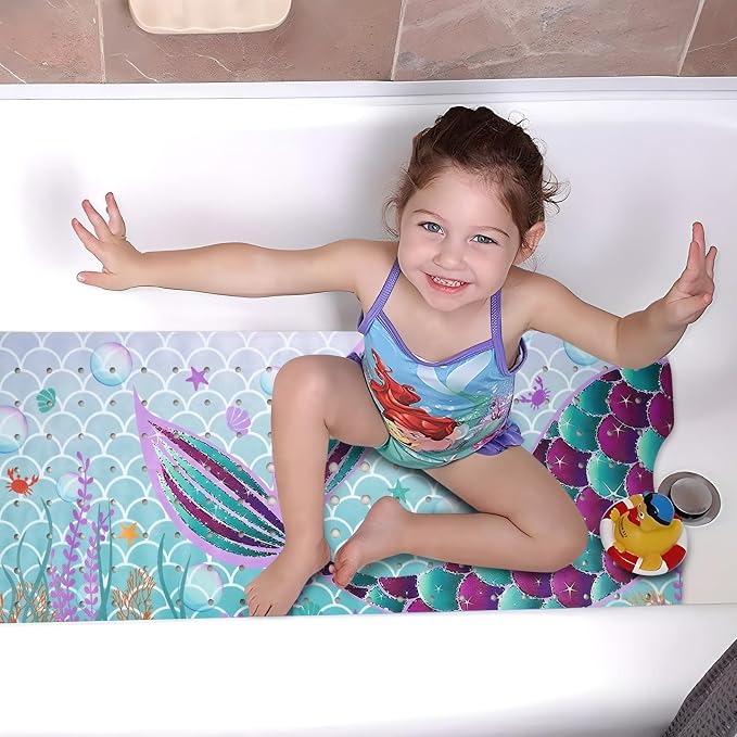 Mermaid Bathtub Mat Non Slip, Cute Baby Bath Mat for Tub Rubber Tub Mat, Kids Bath Mats for Bathroom Little Girls Anti Slip Shower Mat with Suction and Drain Holes Machine Washable, 40″X16″