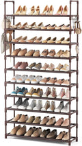 VTRIN 10 Tiers Shoe Rack Tall Large Capacity Wide Shoe Organizer Sturdy Shoe Shelf for Entryway with Two Hooks Metal Shoe Storage for Closet, Bedroom, Brown
