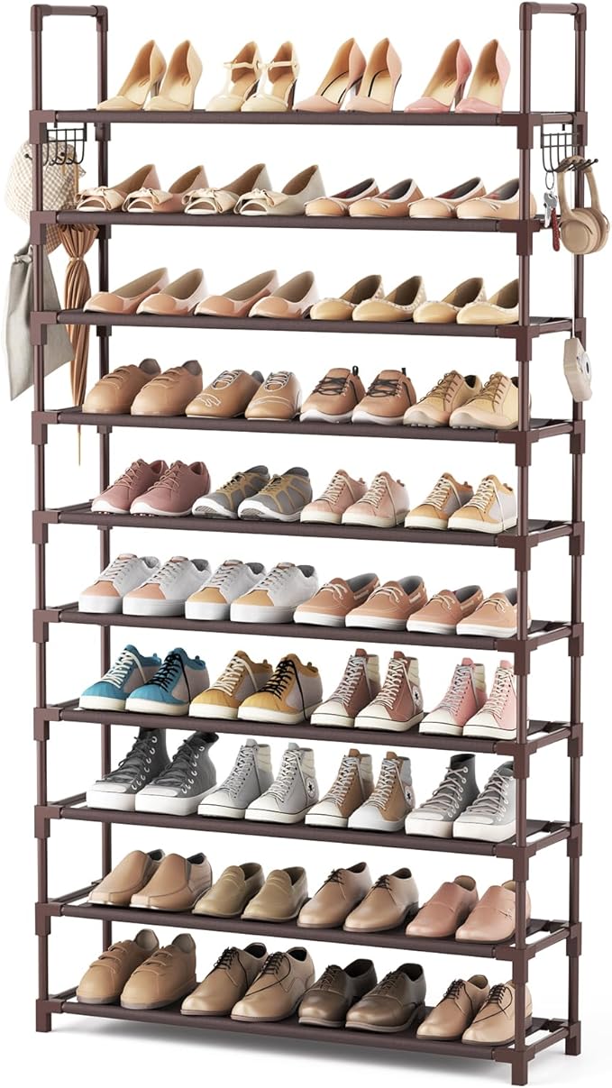 VTRIN 10 Tiers Shoe Rack Tall Large Capacity Wide Shoe Organizer Sturdy Shoe Shelf for Entryway with Two Hooks Metal Shoe Storage for Closet, Bedroom, Brown