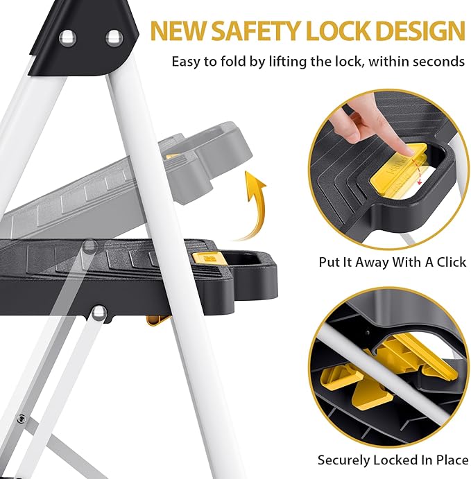 KINGRACK 3 Step Ladder, Folding Step Stool with Comfortable Handrail, Wide Anti-Slip Pedals & Safe-Lock Design, 800lbs Load Capacity, Sturdy Steel Portable Ladder, Perfect for Home and Kitchen, White