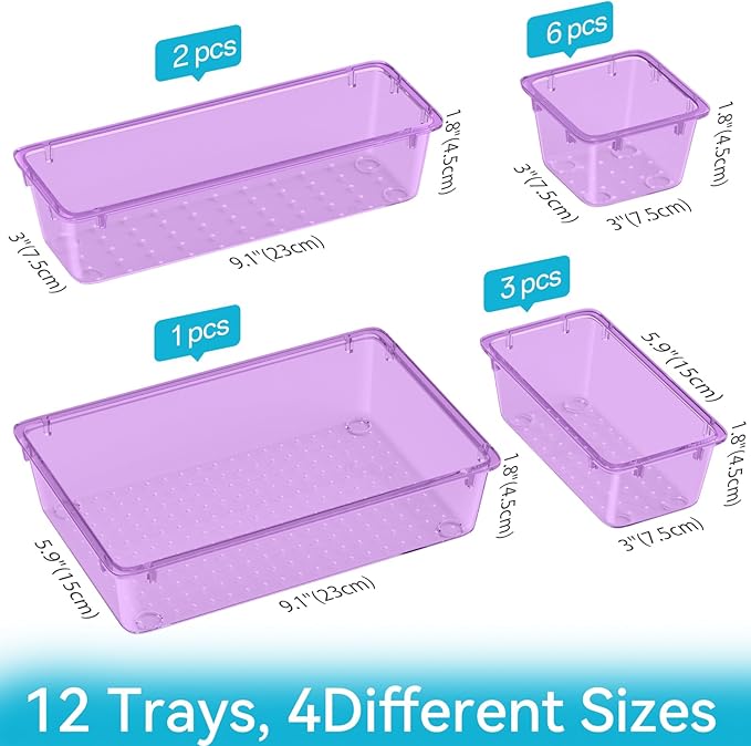 ElegantArray 12-Piece Drawer Organizer Set, 4 Sizes Versatile Plastic Vanity Organizer for Makeup, Stationery, Gadgets, in Kitchen, Bathroom, Office, and Bedroom, Purple