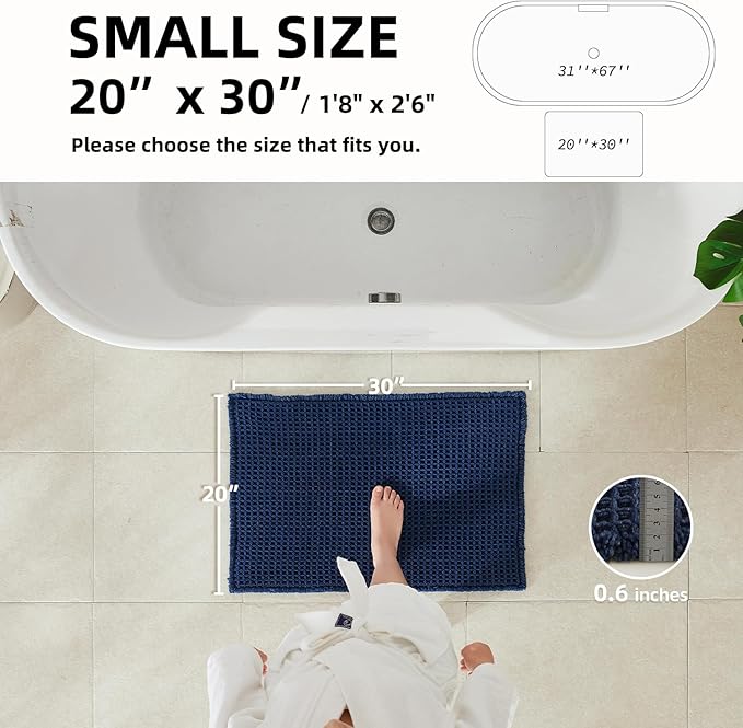 TYUU Waffle Bath Mat, Boho Bathroom Rugs Non Slip Washable Super Absorbent Quick Dry Bath Mat Farmhouse Bathroom Decor, 30"x20" Navy Blue