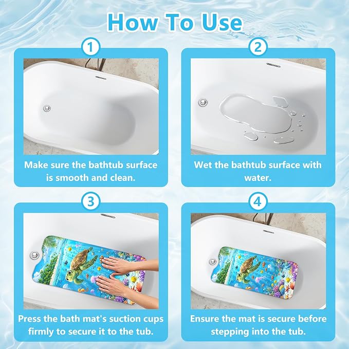 Kids Bath Mat for Tub Non Slip – 40"x16" Cute Cartoon Turtle Baby Bathtub Mats, Machine Washable, Extra Long Tub Mats with Suction Cups & Drain Holes Non Slip Baby Shower Mat for Toddler Bath(Turtle)