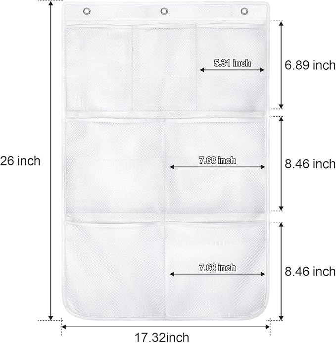 F-color Cruise Essentials 2026 - Mesh Shower Organizer Hanging with 7 Pockets for RV Gym Camping, Quick-Dry Portable Toiletry Bag with Metal Hooks for Bathroom Travel Toiletries, White