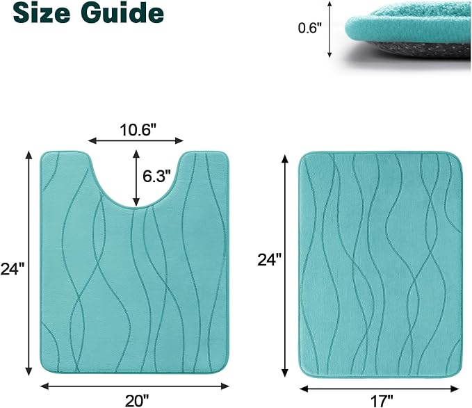 YIHOUSE Memory Foam Bathroom Rug Sets, Teal, 2 Piece-U Shape & Small Mat | Ultra Soft, Absorbent, Non-Slip, Machine Washable