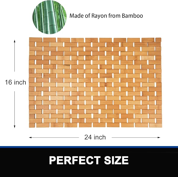Bambo Bath Mat Bathroom Rugs Floor Wood Shower Bathtub Waterproof Non Slip Natural Accessories 16x24 Inch Easy to Clean, 2 pcs
