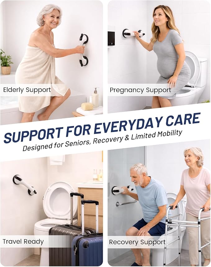 2 Pack Gel-Enhanced Suction Grab Bars for Bathtubs and Showers, Heavy Duty Stable Grip Safety Bars for Seniors and Elderly, No Drill Removable Bathroom Handles for Tub and Shower Support