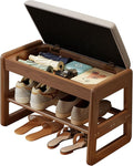 AQIMUELE Shoe Rack Bench,2 Tiers Shoe Bench with Storage with Flip-Top,Wood Shoe Rack for Entryway,Hallway（Walnut Upholstered Seat,11.8" D x 23.62" W x 15.7" H）