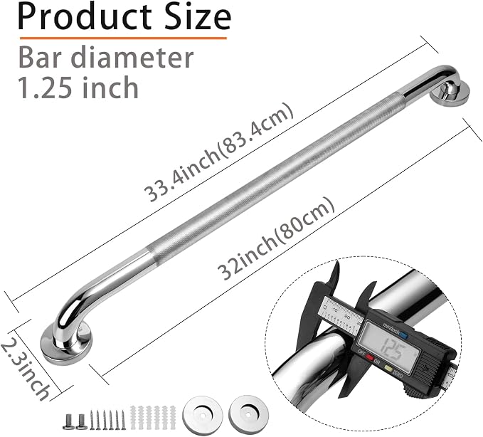 Rockgoya Shower Grab Bar, 2 Pack 32 Inch Bathroom Grab Bar, 304 Stainless Steel 1.25" Diameter Anti-Slip Handicap Grab Bar Support Shower Rail Senior Handrail Shower Safety Bar Handle
