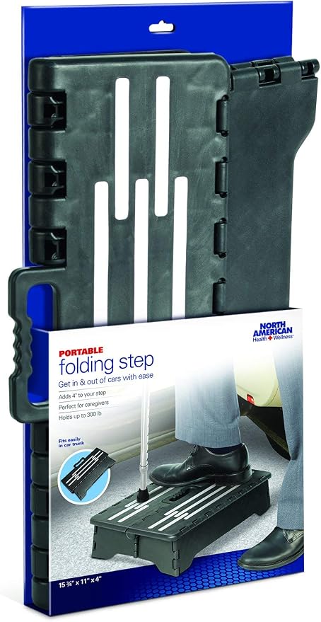 North American Health + Wellness Portable Folding Step, 4" Non-Slip Stool w/Handle, Black
