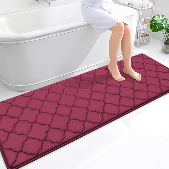 OLANLY Memory Foam Bath Mat Rug 70x24, Ultra Soft and Absorbent Bathroom Rugs, Non-Slip, Comfortable, Machine Washable Bath Carpet for Bathroom Floor, Tub, Shower and Home Decor Accessories, Burgundy