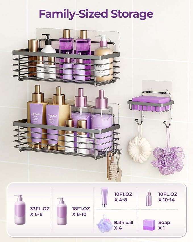 ODesign Shower Caddy 3 Pack SUS304 Stainless Steel-No Drilling-Shower Bathroom Shelves Rack,Rustproof Wall Mounted,Adhesive Shower Shelf Basket Organizer-Grey