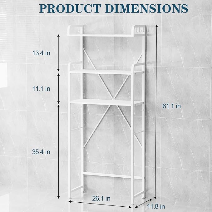 Over The Toilet Storage Cabinet, 3-Tier Bathroom Organizers and Storage with Hooks, Freestanding Shelf Toilet Rack, Small Bathroom Laundry Space Saver with Towel Rack & Toilet Paper Holder(White)