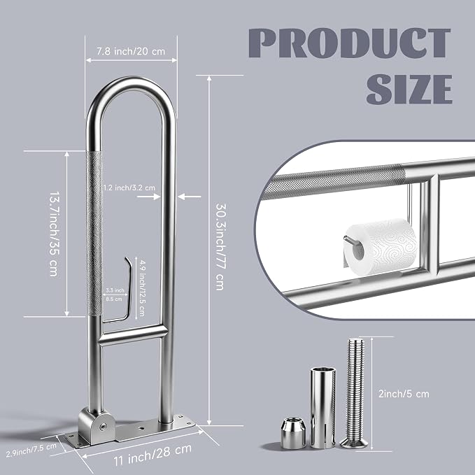 30.3 Inch Toilet Grab Bar, HUAS Chrome Anti Slip Bathroom Toilet Safety Rails, U Shaped Flip-Up Handicap Grab Bars w/Paper Holder, Stainless Steel Support Handrail for Elderly Disabled Senior