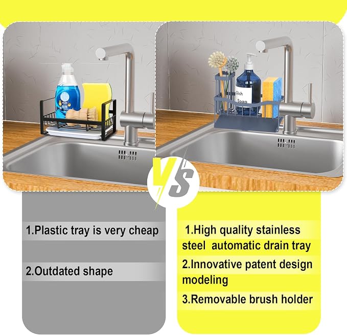 Fssvcd Maifan Sink Caddy Sponge Holder for Kitchen with Brush Holder and Stainless Steel Self Drain Tray, Rustproof Kitchen Sink Organizer for Sponge, Soap Dispenser Storage Accessories Grey Blue