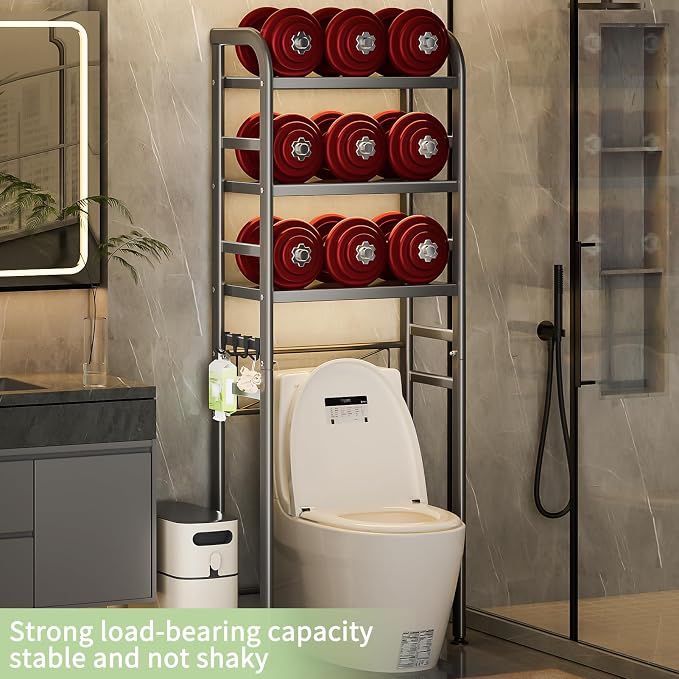 PureBox Over The Toilet Storage, Enhanced Oval Tube Heavy Duty Bathroom Shelf Organizer, Freestanding Metal Toilet Storage Cabinet with Suction Cups for Fastening, 3-Tires Over The Toilet Rack (Grey)