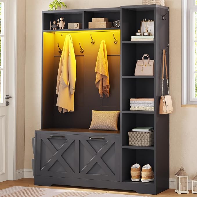 Itaar Hall Tree with Bench and Shoe Storage, Farmhouse Entryway Bench with Coat Rack, Shoe Cabinet with Flip Drawers, 7 Shelves, 10 Coat Hooks, Storage Bag, Led Lights, Black