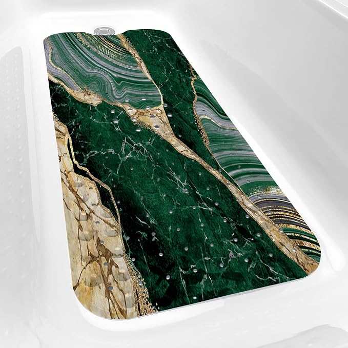 Bathtub Mat Non Slip, 40x16 inch Bath and Shower Safety Mats, Green Marble and Golden Veins Tub Mat for Bathroom, Tub Shower Mat with Drain Holes and Suction Cups
