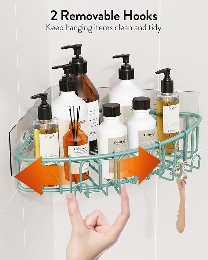 Orimade Corner Shower Caddy with 2 Hooks Wall Mounted Metal Bathroom Shelf Storage Organizer Adhesive No Drilling 2 Pack, Blue Only for 90-Degree Corner