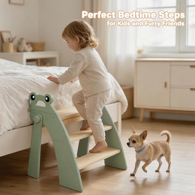 Wooden Step Stool for Toddlers, 3 Foldable Step Stool for Kids Bathroom Sink & Potty Training, Bamboo Toddler Stool with Green Frog Handles and Non-Slip Pads for Bedroom, Kitchen Helper