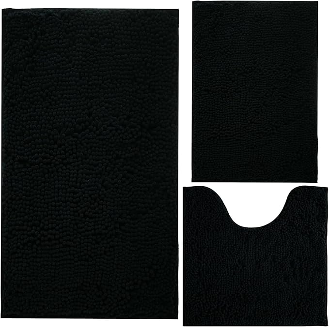 Black Bathroom Rug Chenille 3-Piece Extra Soft and Absorbent Shag Bathroom Rugs, Machine Wash Mat, Strong PVC Non-Slip Underside, Plush Carpet Mats (Black)