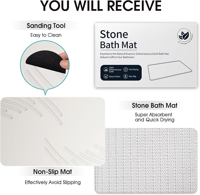 ZIKIBL Stone Bath Mat Diatomaceous Earth Shower Mat Super Absorbent Non-Slip Diatomite Stone Bath Mats for Bathroom Floor Quick-Drying Natural Easy to Clean（24 * 16''）