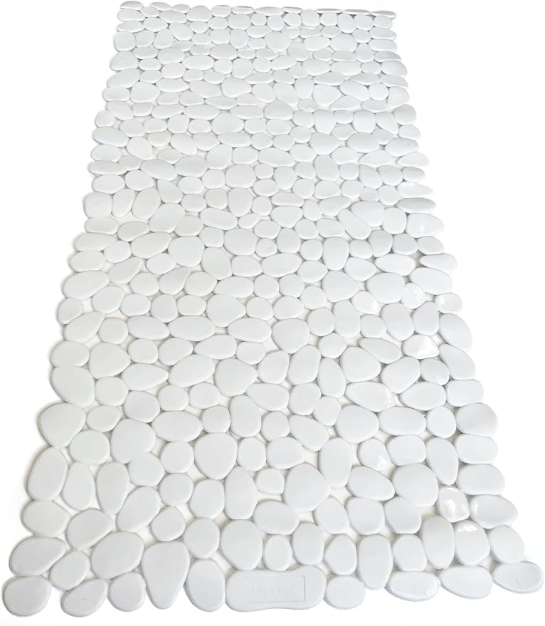 “Pebbles” Non-Slip Bathtub/Shower Mat 27.5”x14” Rectangular, Non-Toxic, Safe, Clean, Machine-Washable, Superior Grip & Drainage, Vinyl, for Smooth Floors ONLY, Opaque White
